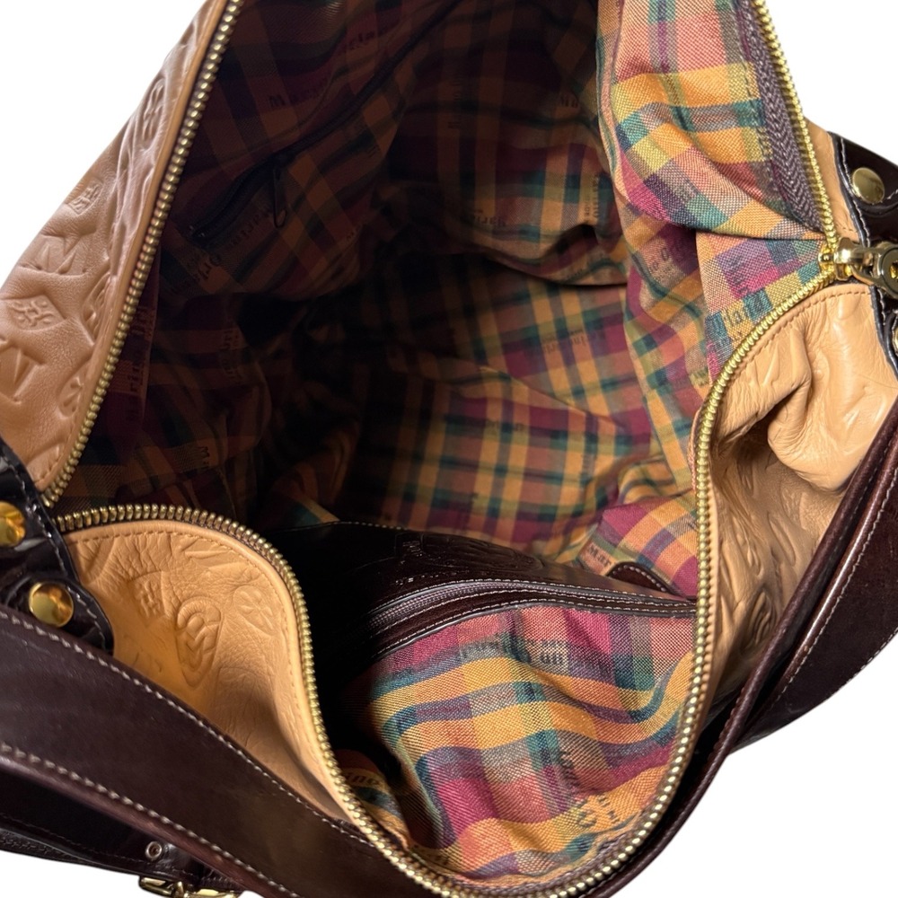 MARINO ORLANDI Vintage Italian Leather Bucket Bag Tan Embossed Monogram Y2K - Picture 12 of 16